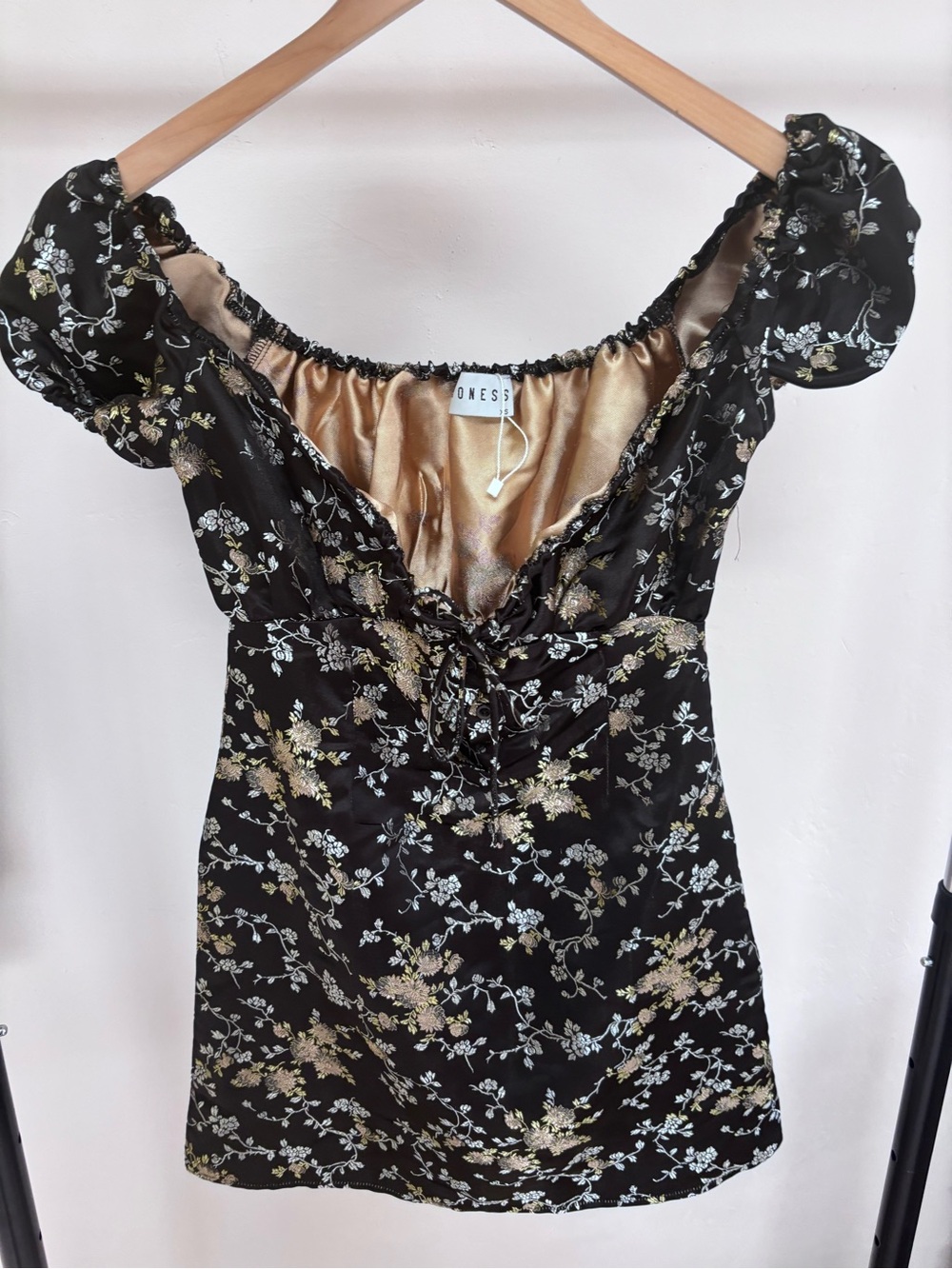Lioness Black Floral Puff Sleeve Satin Mini Dress